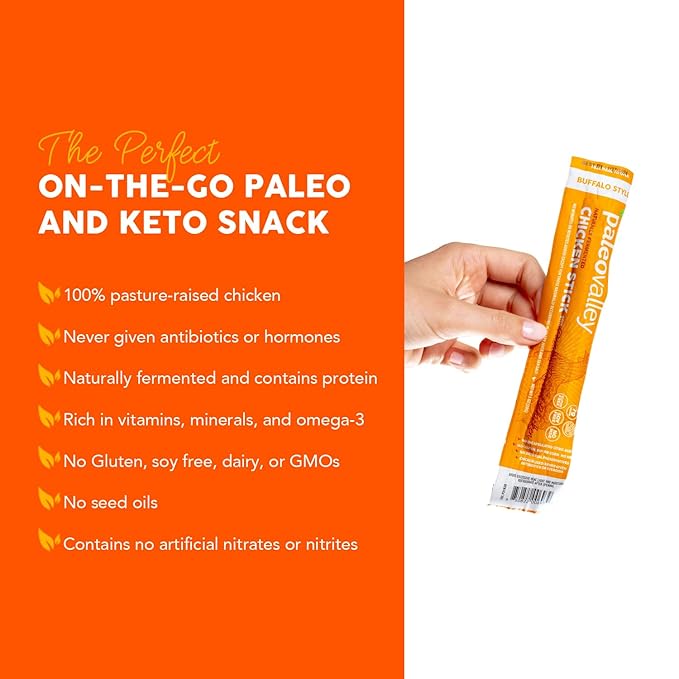 Paleovalley Pasture-Raised Chicken Sticks – 10 Pack – 7g Protein per Stick – Keto-Friendly Paleo Gluten-Free Nitrate-Free – On-the-Go Snack (10 Pack Buffalo)