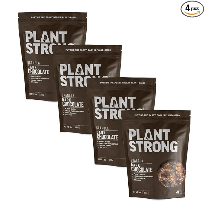 PLANTSTRONG Dark Chocolate Granola – Whole Grain Oil-Free Granola Sweetened Only with Dates Made from Whole Plants Handmade Small Batch Crunchy Breakfast Cereal or Snack (4-Pack (9 oz Bags))