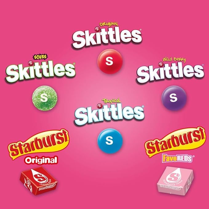 STARBURST Original &amp FaveRed and SKITTLES Original Wild Berry Sour and Tropical Chewy Candy Full Size Travel Essentials Variety Pack 30 Count Bulk Box