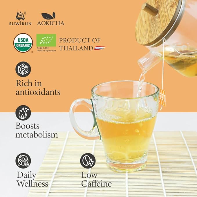 Suwirun Aoki Cha Organic Genmaicha 50 Bags – Roasted Rice &amp Green Tea Blend – Nutty Toasty Aroma Low Caffeine – Eco-Friendly Unbleached Tea Bags for Hot &amp Cold Brew