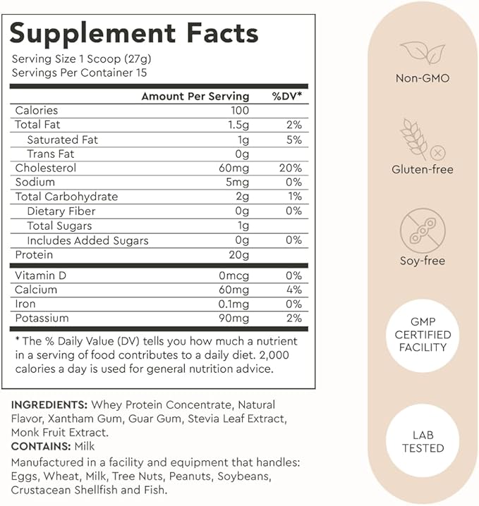 Alaya Naturals - Grass Fed Whey Protein Powder - Vanilla Flavor All Natural Hormone Free - 20g Protein per Serving - Non-GMO rBGH Free Gluten Free - Great Source of BCAA