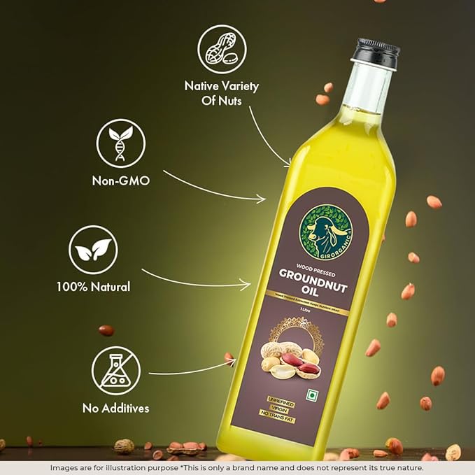 GirOrganic Wood Pressed Peanut oil | Kacchi Ghani | Virgin | Unrefined Groundnut Oil | Cold Pressed | 100% Natural Cooking Oil (33 oz)
