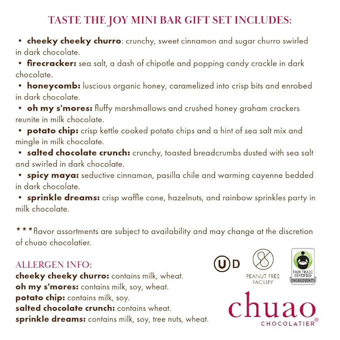 Chuao Chocolatier Taste the Joy Assorted Mini Gourmet Chocolate Bars Gift Box | Milk and Dark Chocolate Flavor Variety Sampler For Birthday Mother’s and Father’s Day Thank you Corporate Gift Basket