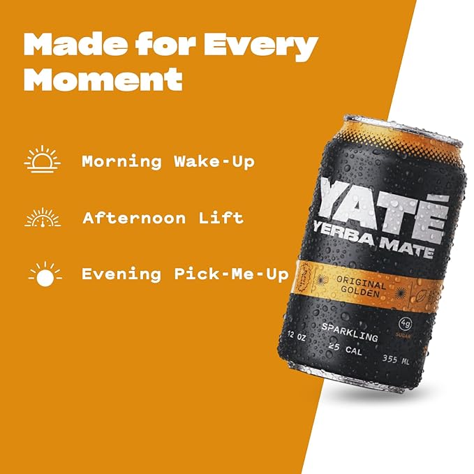 Yate Sparkling Yerba Mate - Original Golden Organic Yerba Mate Drink with Low Sugar &amp 25 Calories for Daily Energy - A Smooth Healthy Energy Drink with Antioxidants &amp Plant-Based Ingredients-