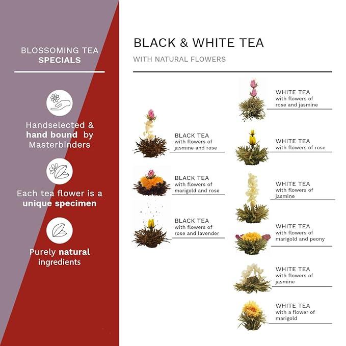 Creano Flowering Tea Abloom Tea - Blooming Tea Gift Set in Stylish Wooden Tea Box - 12 Pieces Mix of White &amp Black Tea a gift for christmas