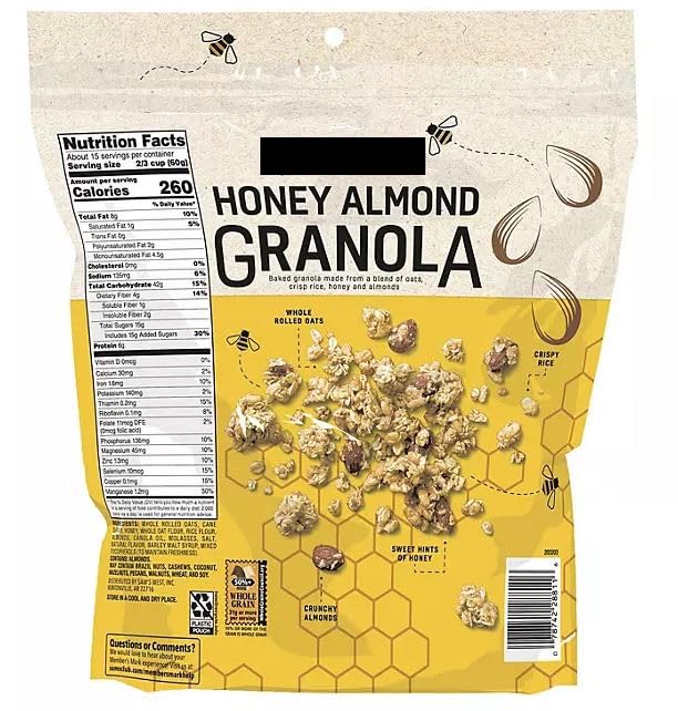 Member Mark Honey Almond Granola Whole Grain Oats and Crisp Rice 32 oz (2 lb) Non-GMO (2 pack)