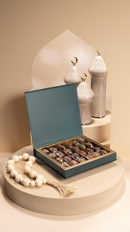 OMNIYA Delicacy Exquisite Medjool Dates 24 PCs Collection - Pistachio Strawberry Cinnamon Praline Lotus Ashta Cream - Essential Gift for Ramadan Eid Holidays Birthdays &amp Special Occasions