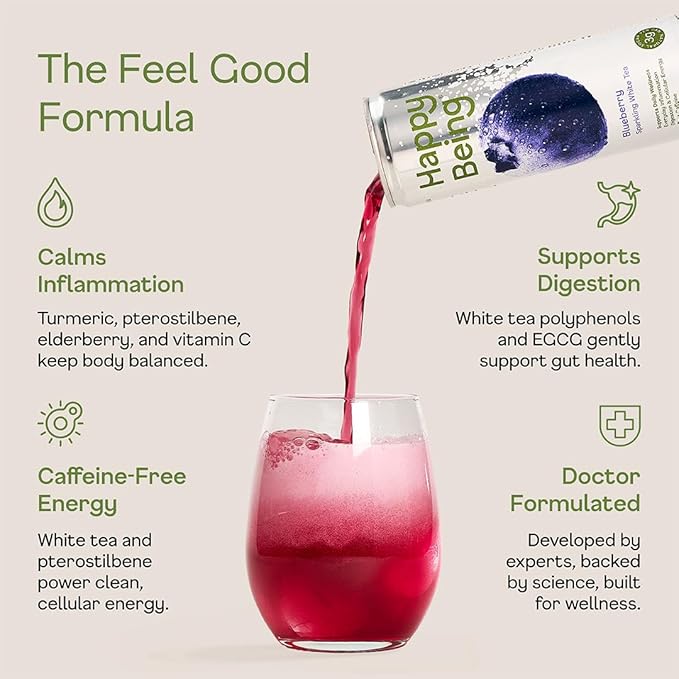 Happy Being White Tea Sparkling Variety Pack – Blueberry Peach Rose Antioxidant &amp Polyphenol Rich Infused with Turmeric Elderberry Caffeine Free Plant-Based Low Sugar &amp Low Calorie Drin