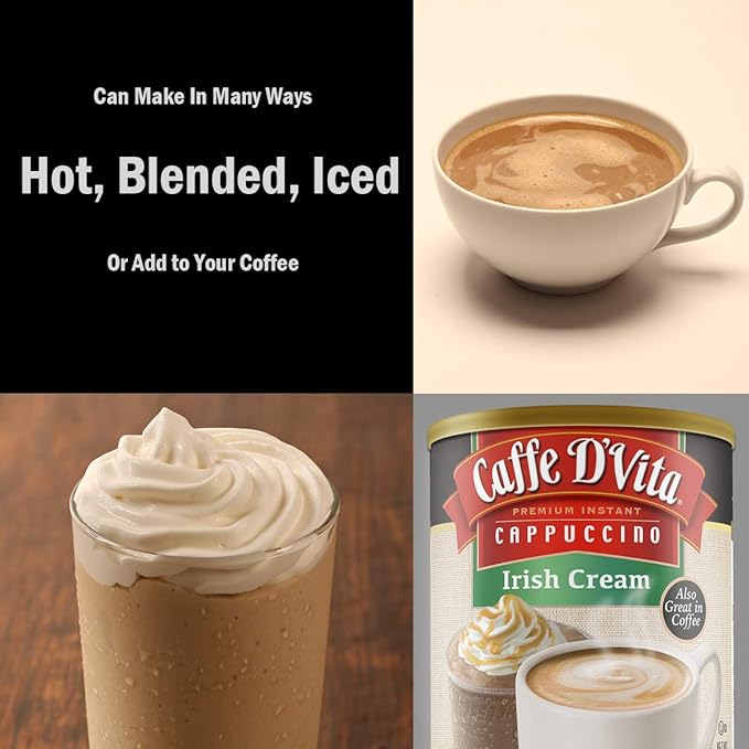 Caffe D’Vita Irish Cream Cappuccino Mix - Irish Cream Coffee Irish Coffee Gluten Free No Cholesterol No Hydrogenated Oils No Trans Fat 99% Caffeine Free Instant Coffee - 16 Oz Can 6-Pack