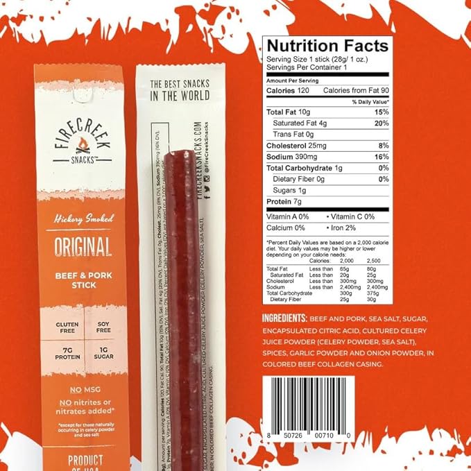 FireCreek Snacks Beef Sticks (Jerky Sticks) Hickory Smoked Beef &amp Pork Meat Sticks 20 Pack (1 oz) 7g Protein 1g Carbs Gluten Free Soy Free No MSG Original