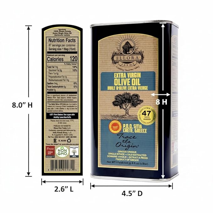 Ellora Farms Greek Extra Virgin Olive Oil Certified PDO SITIA Single Estate Crete High in Phenols Cold Press &amp Traceable EVOO Greece Kosher 1 Lt Tin (33.8 oz.) X 2 Pack