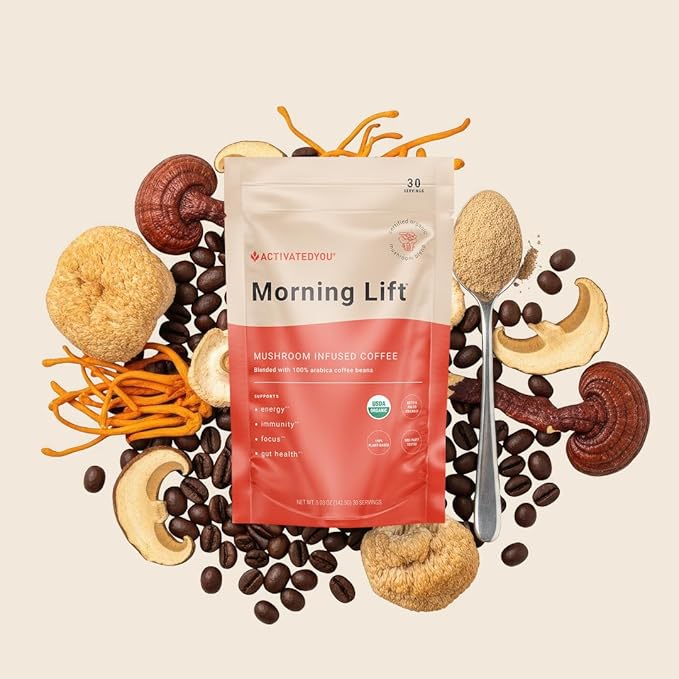 ActivatedYou Morning Lift Mushroom Infused Coffee - Certified Organic Plant Based Mushroom Coffee Instant Blend Made with Lion's Mane &amp Cordyceps to Support Digestion Energy &amp Focus (1 Pack)