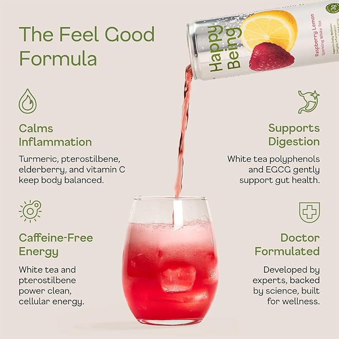 Happy Being Raspberry Lemonade Sparkling White Tea – Antioxidant &amp Polyphenol Rich Infused with Turmeric Elderberry Caffeine Free Plant-Based Low Sugar &amp Low Calorie Drinks 12oz (16 Pack