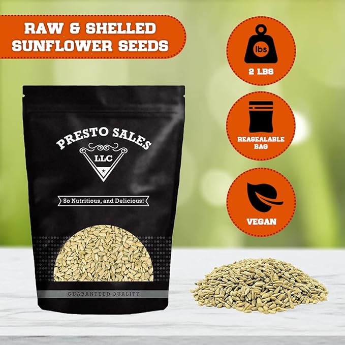 Sunflower Seeds Raw Shelled Crunchy Fresh Superfood Obsessive Snack Parties 1 Choice Premium Packed in a resealable 2 lbs. (32 oz.) pouch bag by Presto Sales LLC
