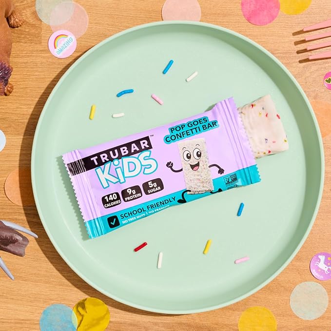 TRUBAR Kids Protein Bars Pop Goes Confetti Plant Based Protein Gluten Free School-Friendly Snacks for Lunchboxes Tree Nut and Peanut Free Low Sugar Healthy On the Go Snack Bars 12 Count