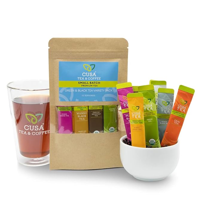 Cusa Tea &amp Coffee | Premium Instant Green &amp Black Tea Variety Pack With Real Fruit &amp Spices | Organic Leaves Drink Mix Packets | Hot or Iced Tea (10 Single Servings)