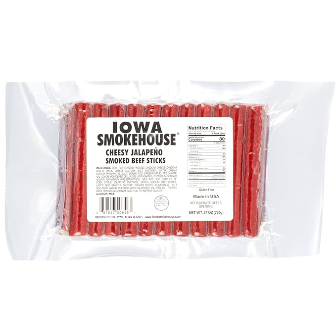 IOWA SMOKEHOUSE Smoked Beef Sticks Cheesy Jalapeno - Protein Meat Snack - Sealed &amp Ready to Eat Sticks Made in USA - 27 oz