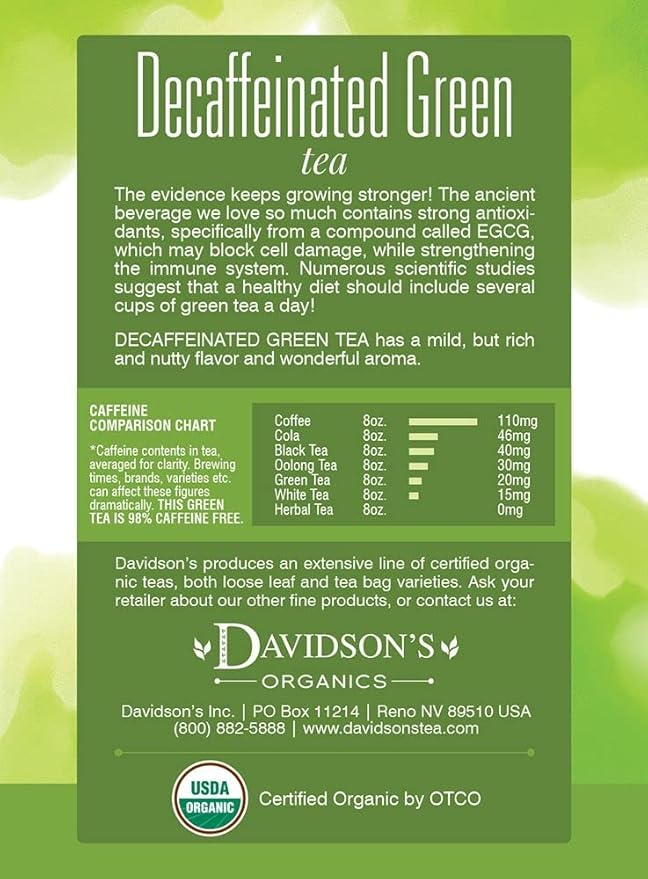 Davidson's Organics Decaffeinated Green Tea 8-count Tea Bags Pack of 12
