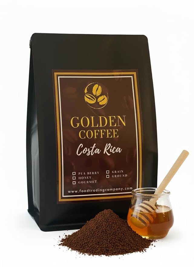 Golden Coffee Costa Rica Gourmet Pea Berry Honey 100% Arabica Coffee with Caramel Cinnamon and Citrus Notes Harvested in Blue Zone Nicoya Costa Rica 12oz (Ground) (Honey)