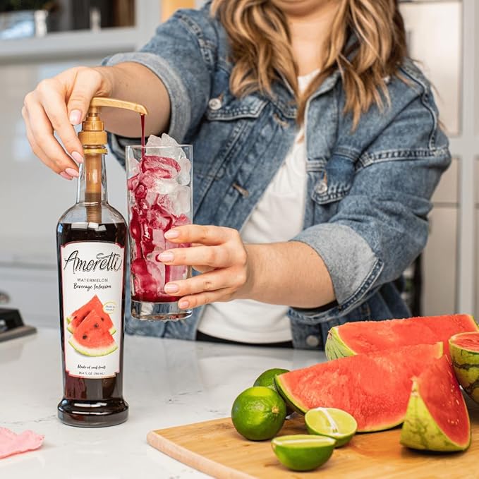 Amoretti - Watermelon Beverage Infusion 94 Servings Per Bottle (750 ml) - Drink Mix &amp Water Enhancer with Pump for Flavoring Cocktails Waters Teas and other Beverages Preservative Free
