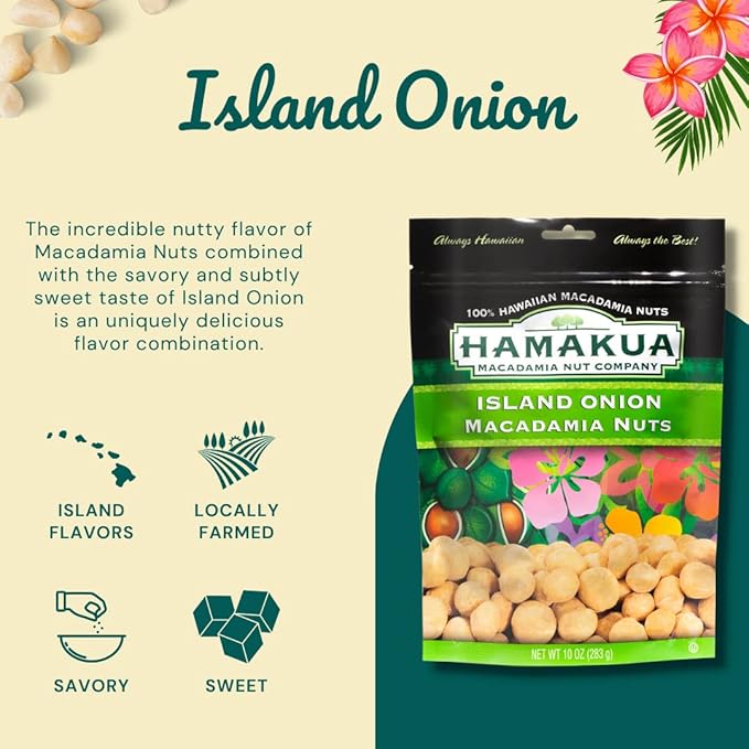 Hamakua Macadamia Nuts - Savory Island Onion - Hawaiian Grown Flavored Dry Roasted Half and Whole Macadamias - Natural Eco-Friendly Large Macadamia Nuts