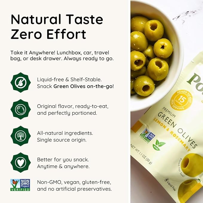 POSHI Green Pitted Olives - Lemon &amp Rosemary | Vegan Kosher Gluten Free + Keto Friendly Fresh All Natural Low Calorie Healthy Snacks | (30 Pack 1.1oz Bags)
