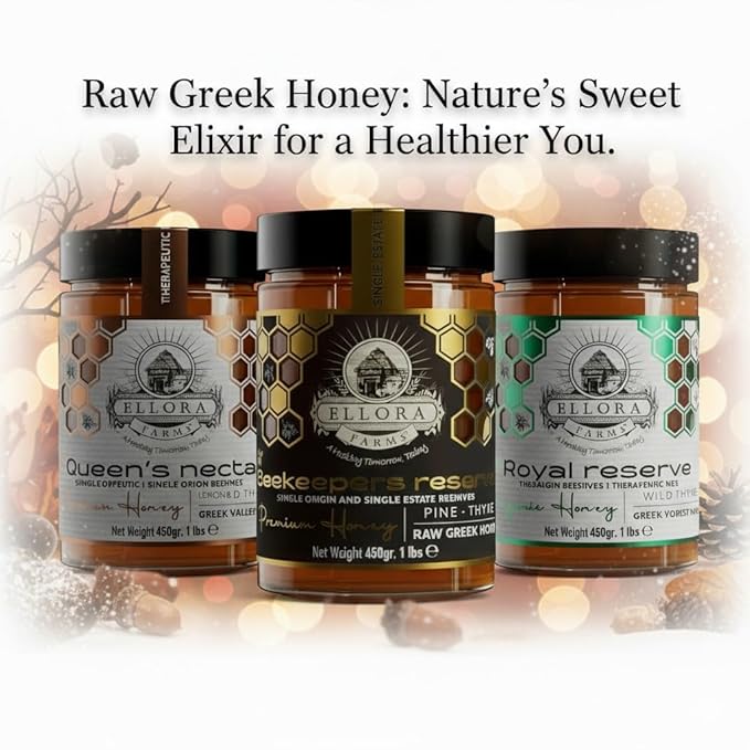 Ellora Farms Greek Honey Lemon &amp Orange Blossom Raw Honey Unfiltered 2025 Paris Platinum Award Non-GMO and Unpasteurized Dipper Included - 450g (1lbs)
