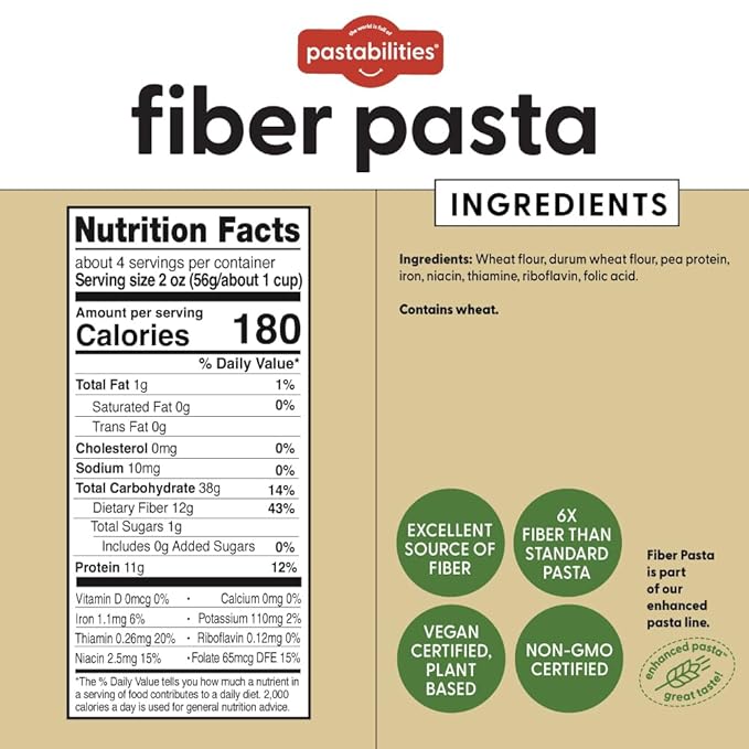 Pastabilities Ruffles Pasta Variety Pack - Low Calorie High Fiber &amp High Protein Pasta - (2 Packs Each) Plant Based Non GMO Certified with 22g Protein and 20g Net Carbs (6 Pack 8 Oz)