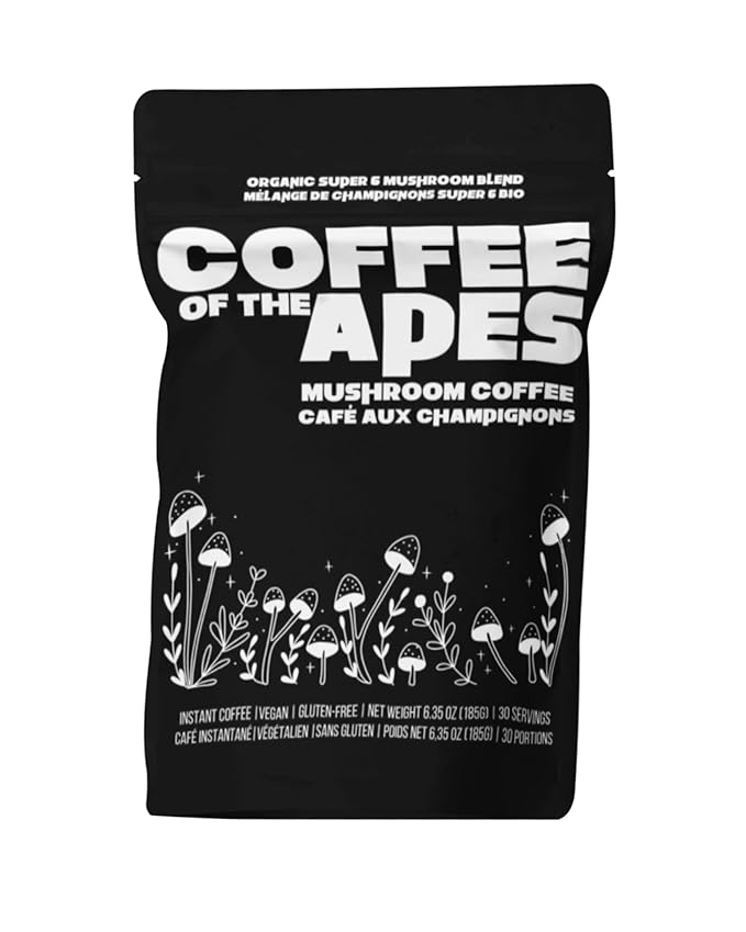 Coffee Of The Apes - Instant Mushroom Coffee: Real Arabica 6 Super Functional Mushrooms High Potency Adaptogens. Healthy Drink &amp Superfood Beverage