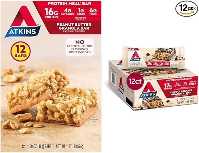 Atkins Peanut Butter &amp Chocolate Chip Granola Protein Meal Bars High Fiber 16-17g Protein 1g Sugar 3-4g Net Carbs Keto Friendly 12 Count