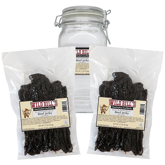 Wild Bill's Black Peppered Beef Jerky Two-Bag Starter Kit (two 15oz bags and 1 jar)