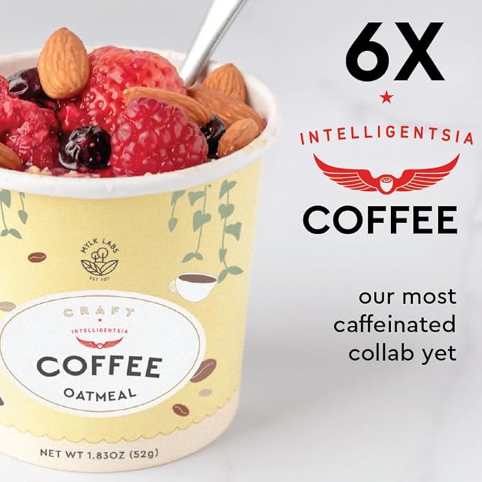 Mylk Labs Intelligentsia Coffee Oatmeal Cups Single-Serve Whole Grain Low Sugar High Fiber Breakfast Quick &amp Easy On the Go Instant Oatmeal Rolled Oats Gluten Free Vegan Nut Free 6 Pac