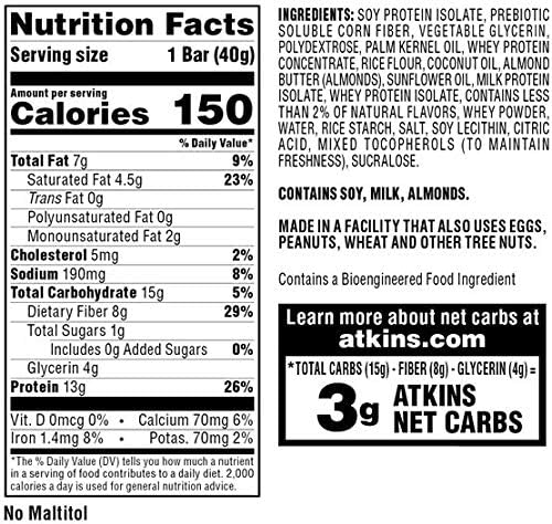 Atkins Lemon Snack Bar Made with Real Almond Butter 1g Sugar Gluten Free High in Fiber Keto Friendly 30 Count