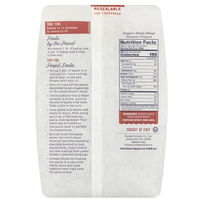 DeLallo Whole Wheat Fusilli Pasta 1 Pound Bag 4 Pack 100% Organic Whole Grain Spiral Noodles Imported from Italy Made with Durum Wheat