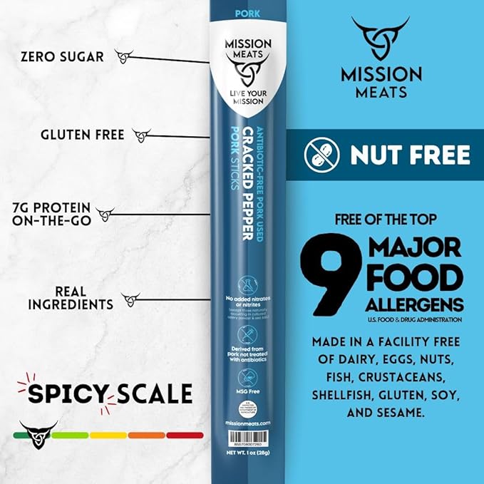Mission Meats Pork Meat Sticks – Antibiotic Free Sugar Free Individually Wrapped AIP Friendly Delicious Healthy Snacks Paleo Whole 30 Cracked Pepper 1oz (72ct)