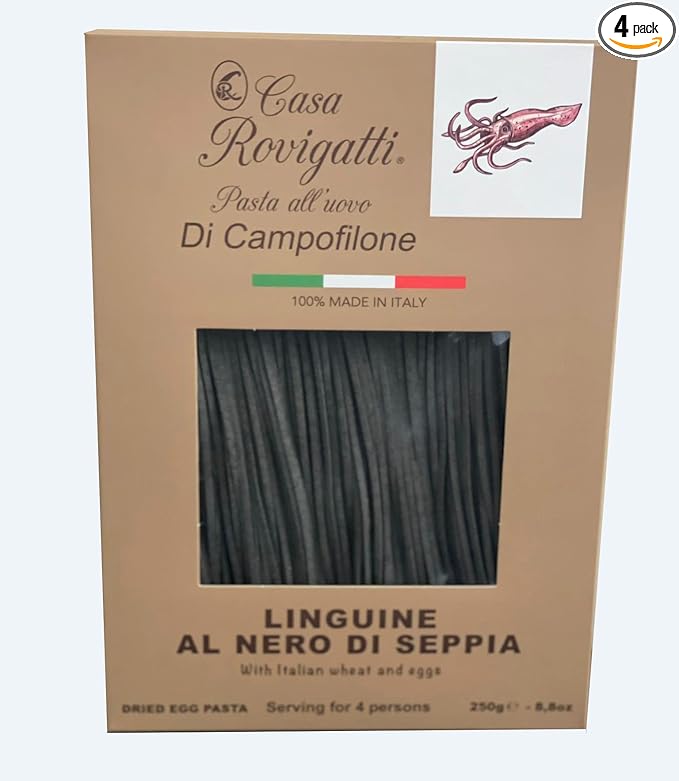 Linguine with Ink of Squid (Pack of 4) - Italian Linguine Al Nero Di Seppia Pasta From the Region of Di Campofilone- Imported Italian Egg Pasta- 8.8 ounces / 250 grams