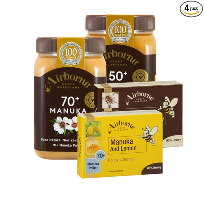 Airborne Manuka Honey Starter Pack 500g Manuka 70+ Monofloral Honey 500g Manuka 50+ Multifloral Honey 1-16-pack Manuka and Honeydew Lozenges and 1-16-pack Manuka and Lemon Lozenges