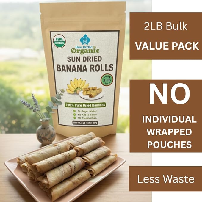 Organic Sun Dried Banana Snacks - Natural Fruit Leather No Sugar Added - No Preservatives - Unsulfured - Soft and Chewy - Bulk Value Pack (2 LB)