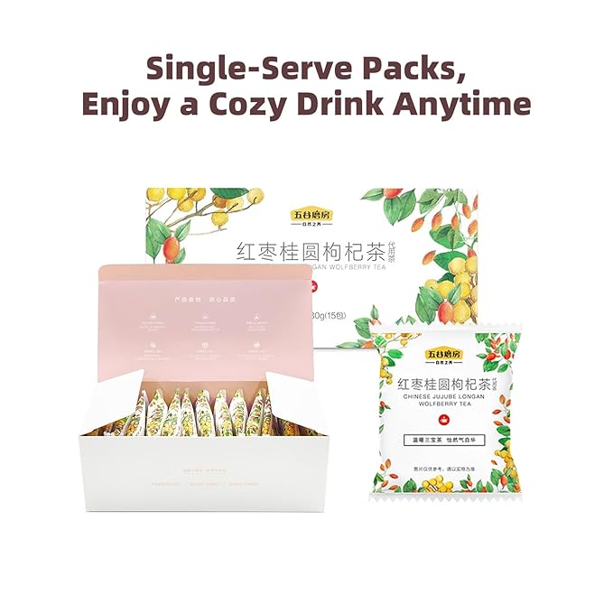 I WUGU Chinese Jujube Longan Wolfberry Tea Caffeine-Free Tea Bags Red Dates Tea Warming Comfort Energy &amp Relaxation Natural Additive-Free Wellness Tea 30 Single-Serve Sachets of 12g/0.4oz e