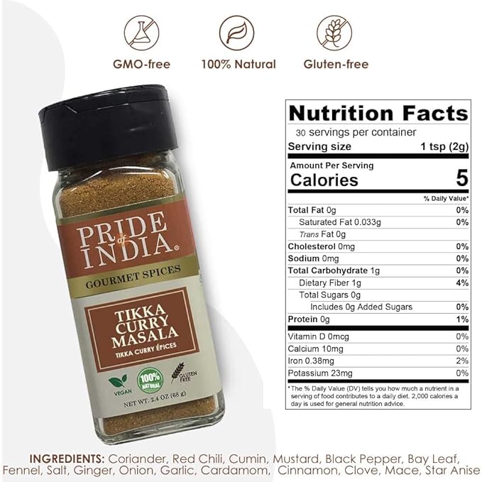 Pride of India - PACK of 6 - Tikka Curry Masala Seasoning Spice – Gourmet Curry Mix – Ideal for Vegetarian and Meat Dishes – Natural &amp GMO Free – Easy To Use - 2.4 oz. Small Dual Sifter Bottle