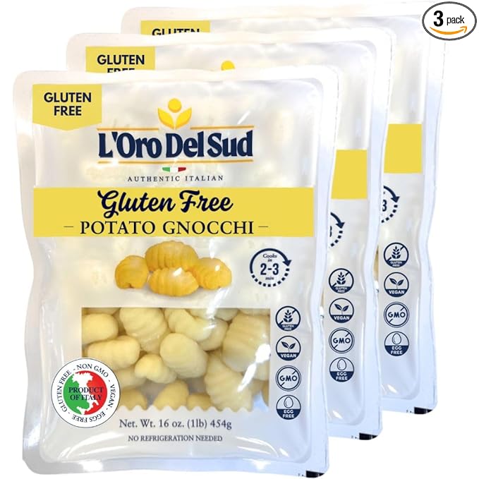 L'Oro Del Sud Pack of 3 Gluten Free Potato Gnocchi Cooks in 2-3 Minutes Shelf Stable Product of Italy NON GMO Wheat Free Eggs Free Vegan