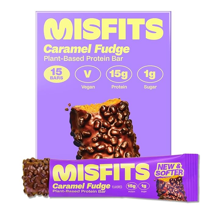 Misfits Vegan Protein Bars Caramel Fudge - Updated Recipe | Plant Based Low Sugar &amp Carb High Fiber Snacks | Pack of 15