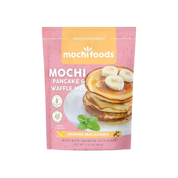 Mochi Foods Banana Macadamia Pancake and Waffle Mix Premium Rice Flour Based Gluten-Free Natural Flavor 2.2 Pounds