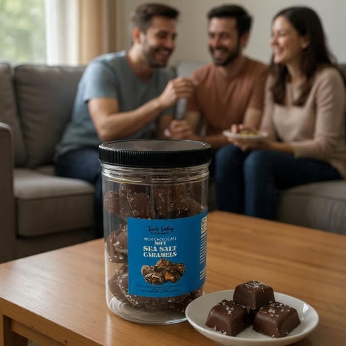Taste Valley Milk Chocolate Sea Salt Caramels 36 oz Bulk Resealable Jar | Soft &amp Chewy Gourmet Caramel Candy | Sweet &amp Salty Chocolate Covered Treats for Holiday Gifts Office Candy Bowls &am
