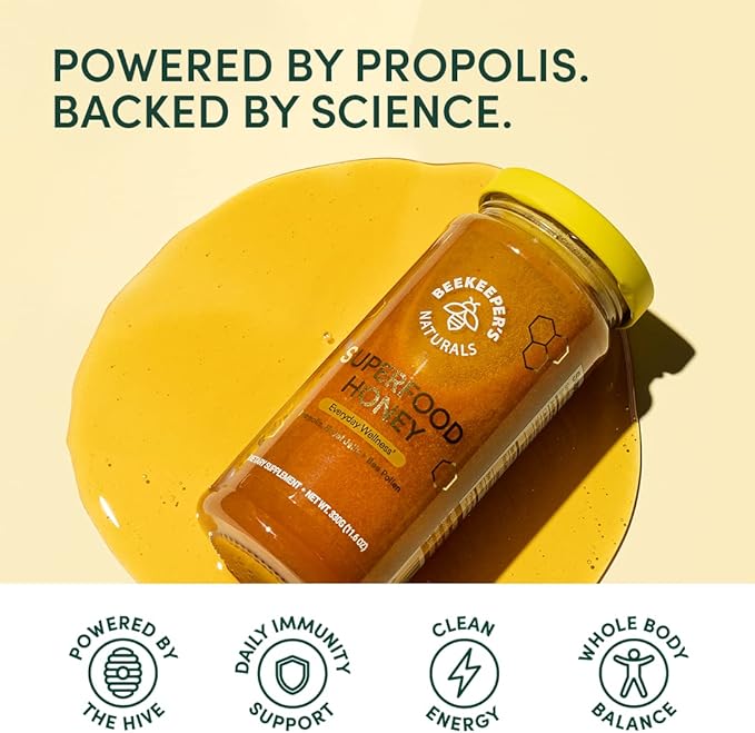 Superfood Honey by Beekeeper's Naturals - Bee Pollen Royal Jelly Propolis Honey - Natural Energy Immune Support Mental Clarity Athletic Performance (11.6 oz)