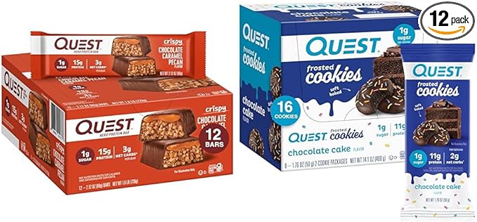 Quest Protein Bar and Frosted Cookie Twin Pack Bundle Chocolate Cake and Caramel Pecan 15g and 11g Protein