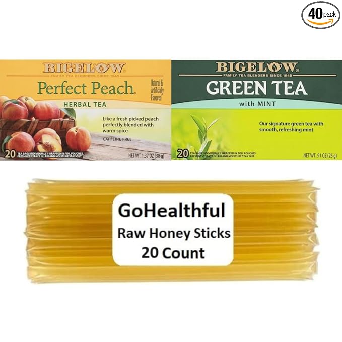 GoHealthful Medicine Ball Cold Buster Tea Bundle 20 Sachets Each (40 Total) of Green Tea Mint and Peach Bundle with 20 GoHealthful Pure Raw Clover Honey Sticks