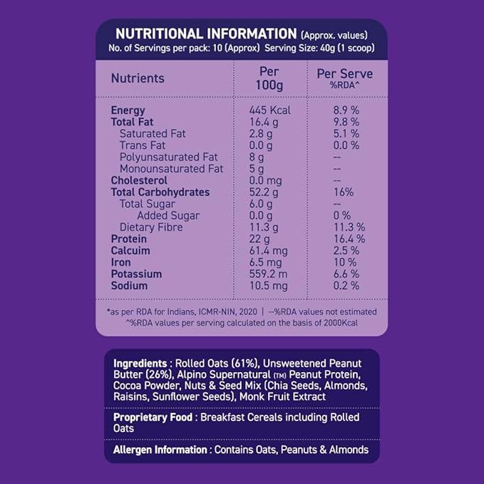 ALPINO Peanut Butter Super Oats Chocolate | 21% High Protein | Made with Rolled Oats Chocolate Peanut Butter &amp Cocoa | No Added Sugar &amp Salt | Gluten-Free | Vegan (35.2 oz)