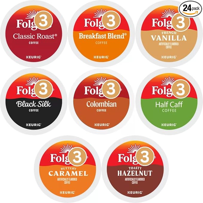 K-cups Coffee Pods Variety Sampler Includes Classic Roast Black Silk Breakfast Blend Colombian Hazelnut Caramel and French Vanilla for Keurig Brewers. 24 Count