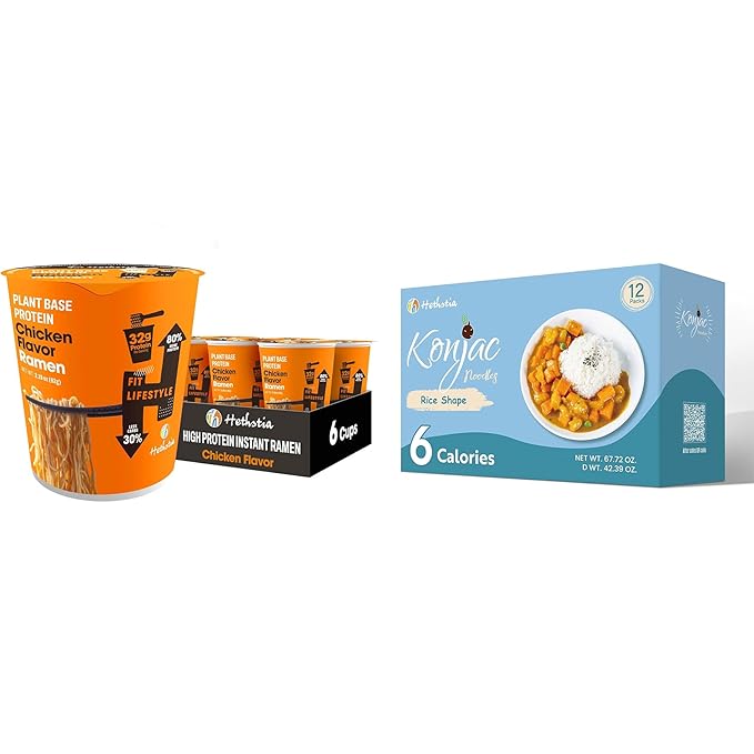 Hethstia High Protein Ramen Cup &amp Konjac Rice Bundle Vegan Instant Ramen Soup Cups with 32g Plant Protein + Low Carb Shirataki Rice Non-Fried Low Fat Gluten-Free Keto Friendly Healthy Meal Co
